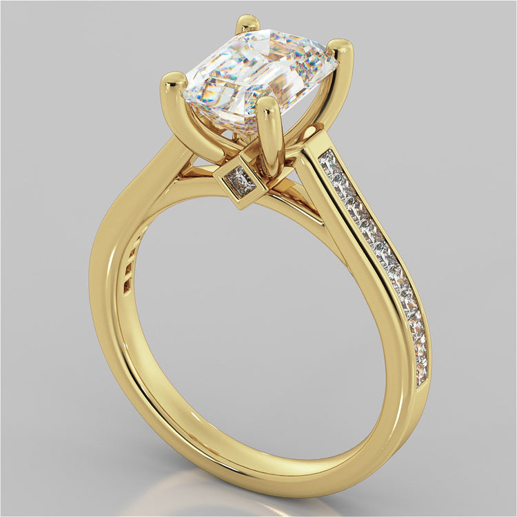 Emerald Cut Cathedral Style Engagement Ring With Princess Cut Accents