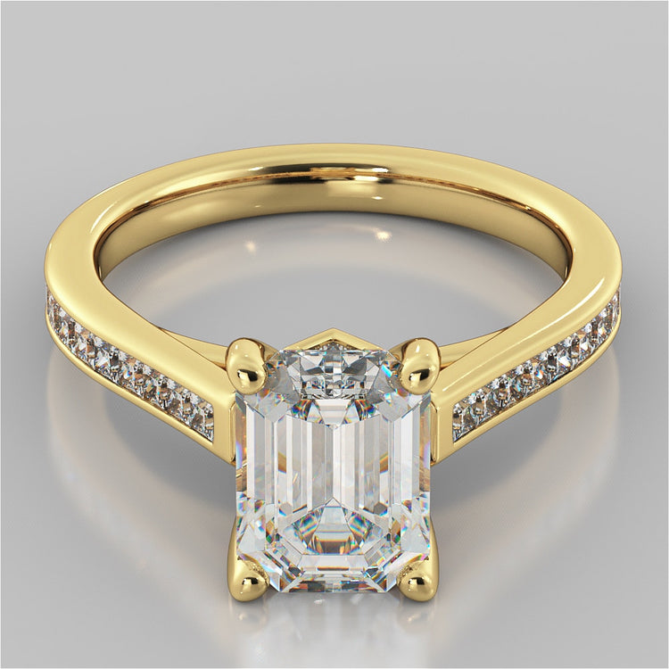 Lab Grown Diamond Emerald Cut Cathedral Style Engagement Ring With Princess Cut Accents