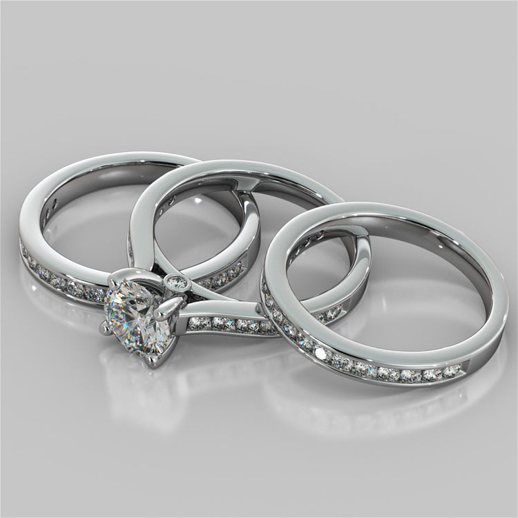 Round Cut Cathedral Wedding Set With 2 Matching Bands