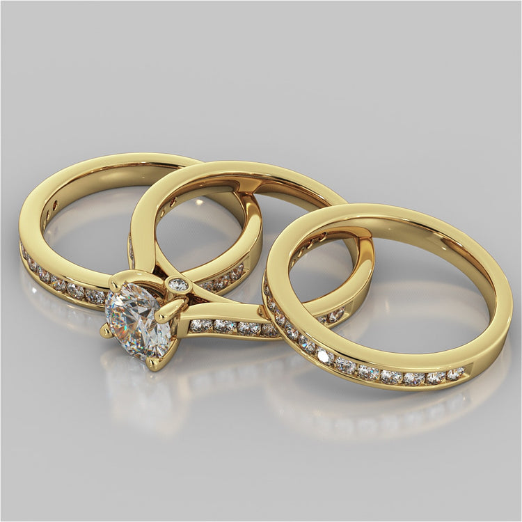 Round Cut Cathedral Wedding Set With 2 Matching Bands