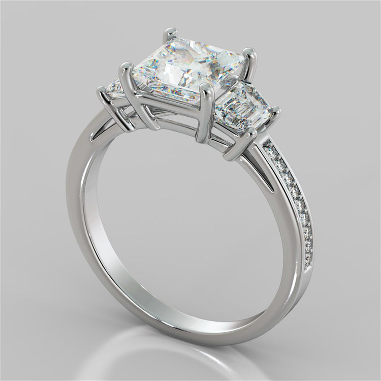 Princess Cut Three Stone Wedding Set With Trapezoids