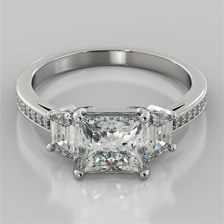 Princess Cut Three Stone Wedding Set With Trapezoids