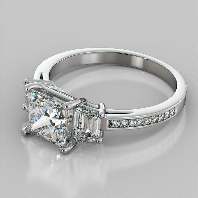 Princess Cut Three Stone Wedding Set With Trapezoids