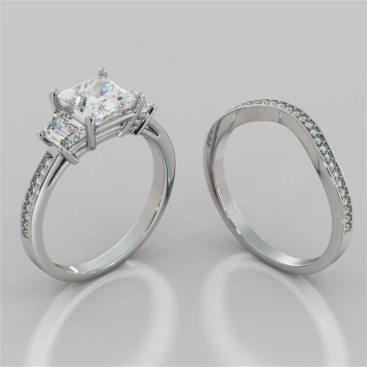 Princess Cut Three Stone Wedding Set With Trapezoids