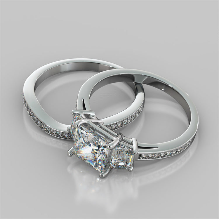 Princess Cut Three Stone Wedding Set With Trapezoids