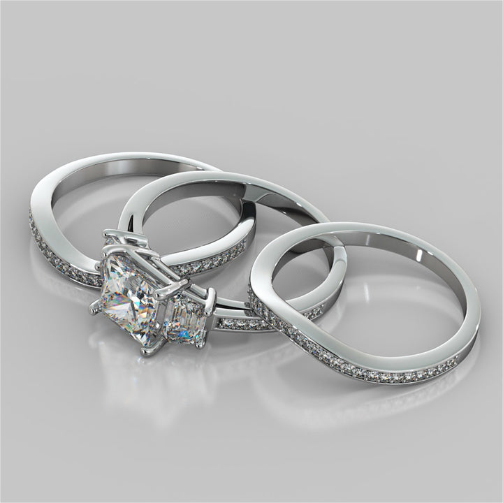 Princess Cut Three Stone Wedding Set With Trapezoids