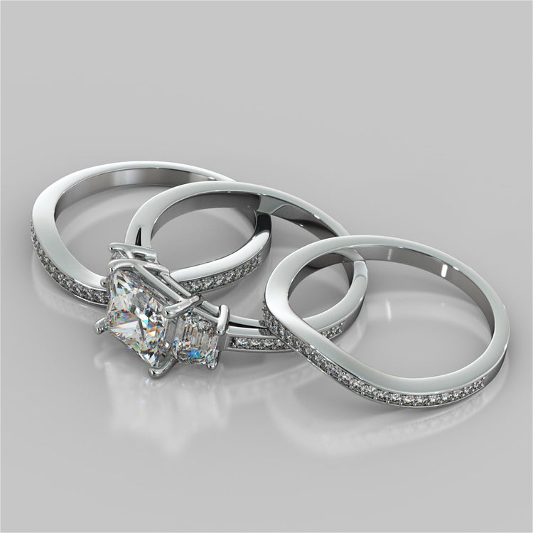 Princess Cut Three Stone Wedding Set With Trapezoids