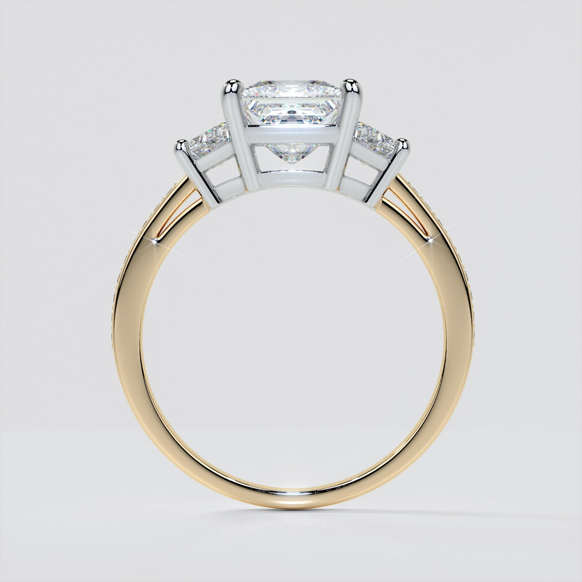 Princess Cut Three Stone Engagement Ring With Trapezoids