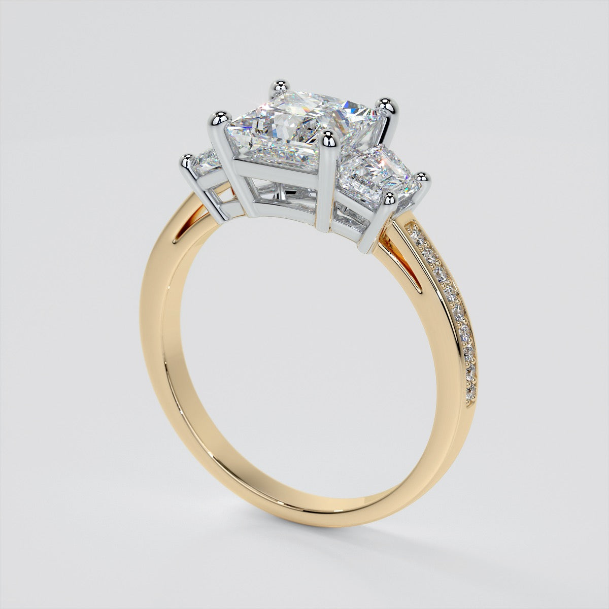 Lab Grown Diamond Princess Cut Three Stone Engagement Ring With Trapezoids