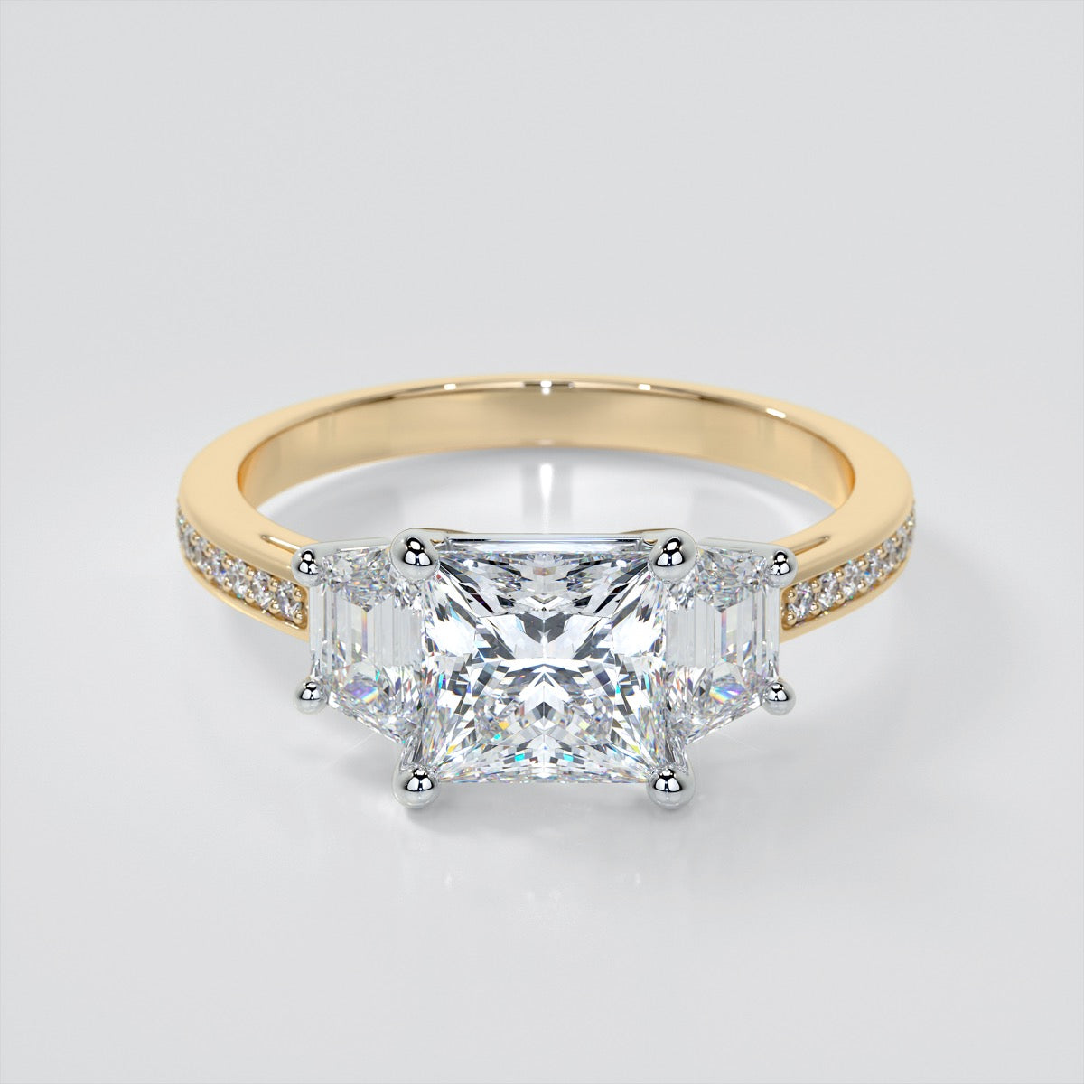 Princess Cut Three Stone Engagement Ring With Trapezoids