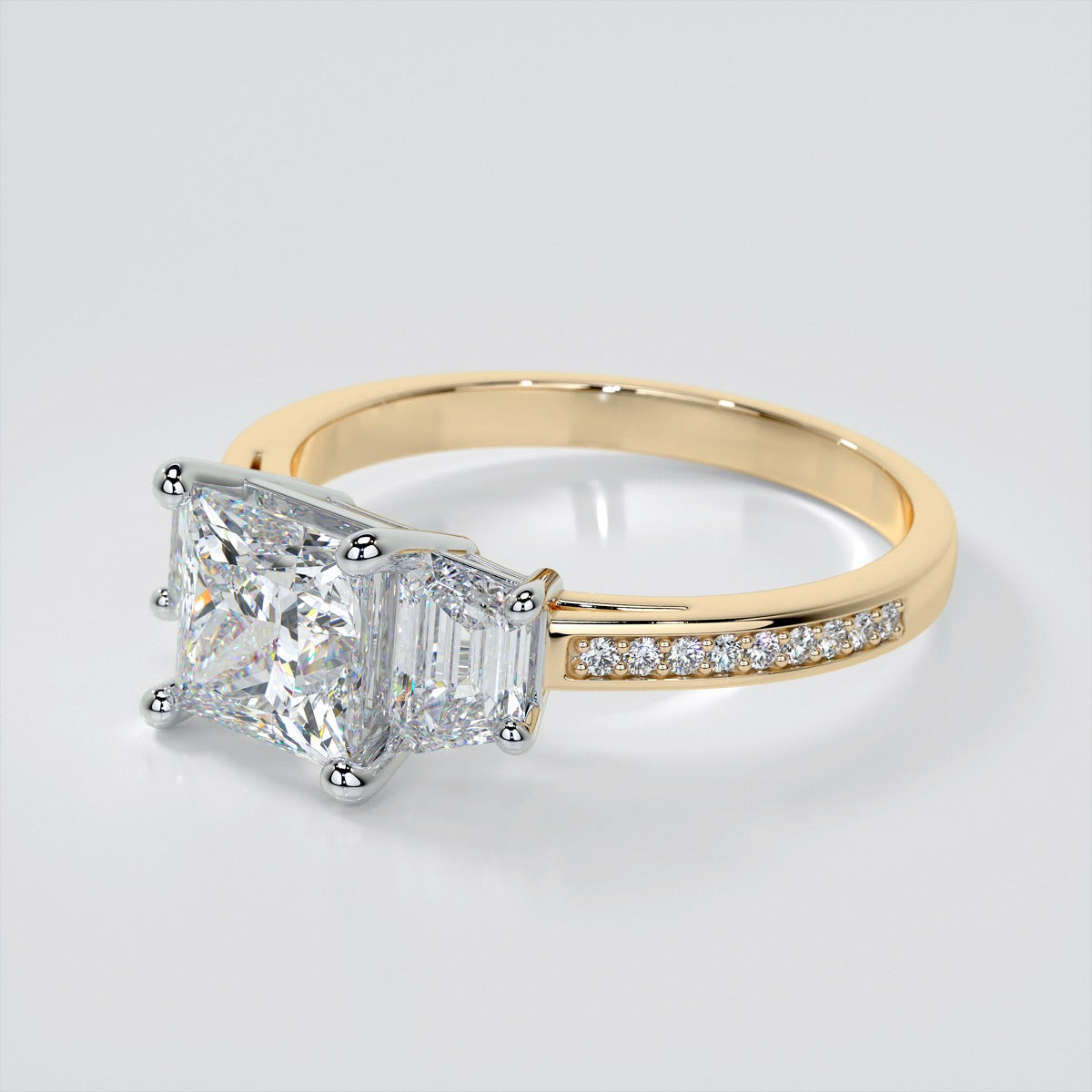 Lab Grown Diamond Princess Cut Three Stone Engagement Ring With Trapezoids
