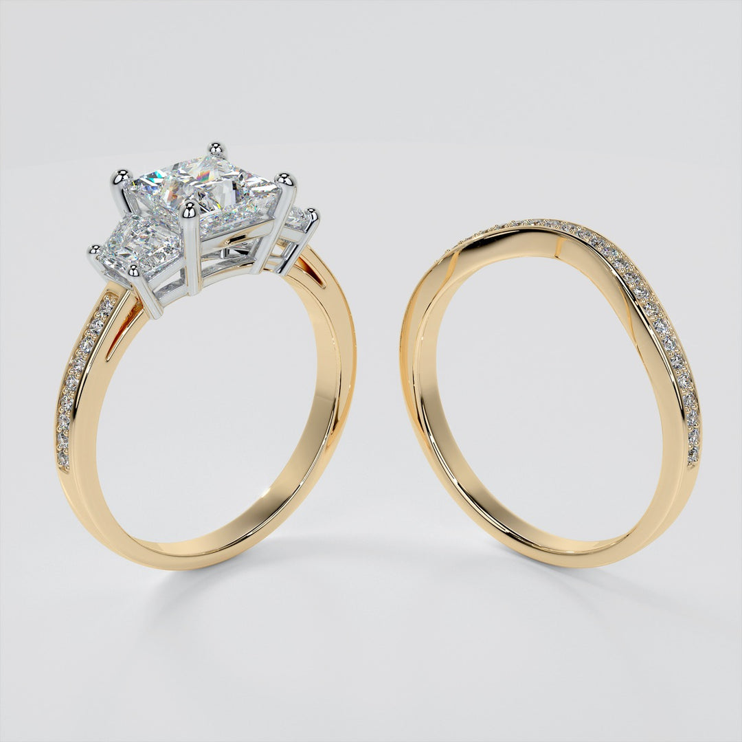 Princess Cut Three Stone Wedding Set With Trapezoids