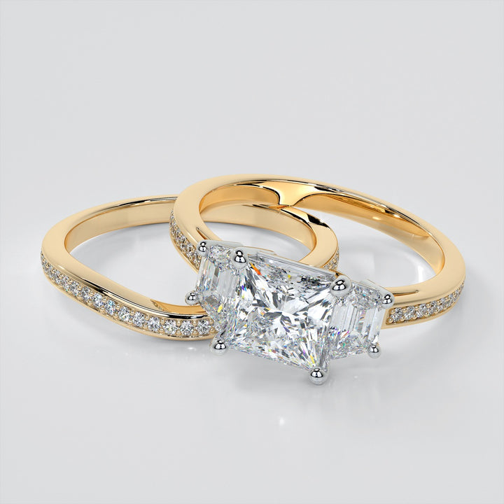 Princess Cut Three Stone Wedding Set With Trapezoids