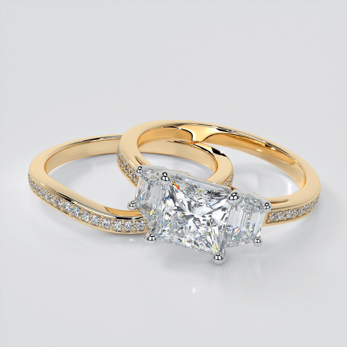 Princess Cut and Trapezoids Accents Wedding Set With 2 Matching Bands