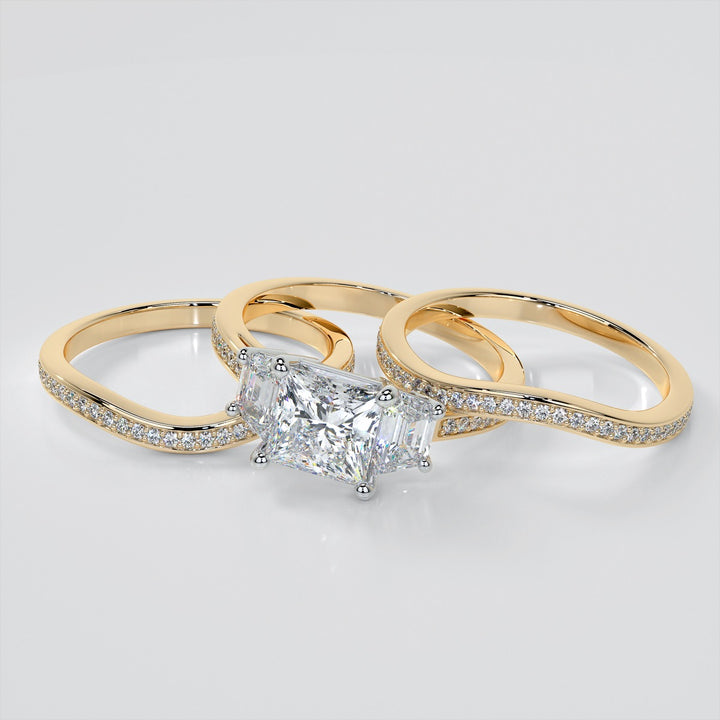 Princess Cut Three Stone Wedding Set With Trapezoids