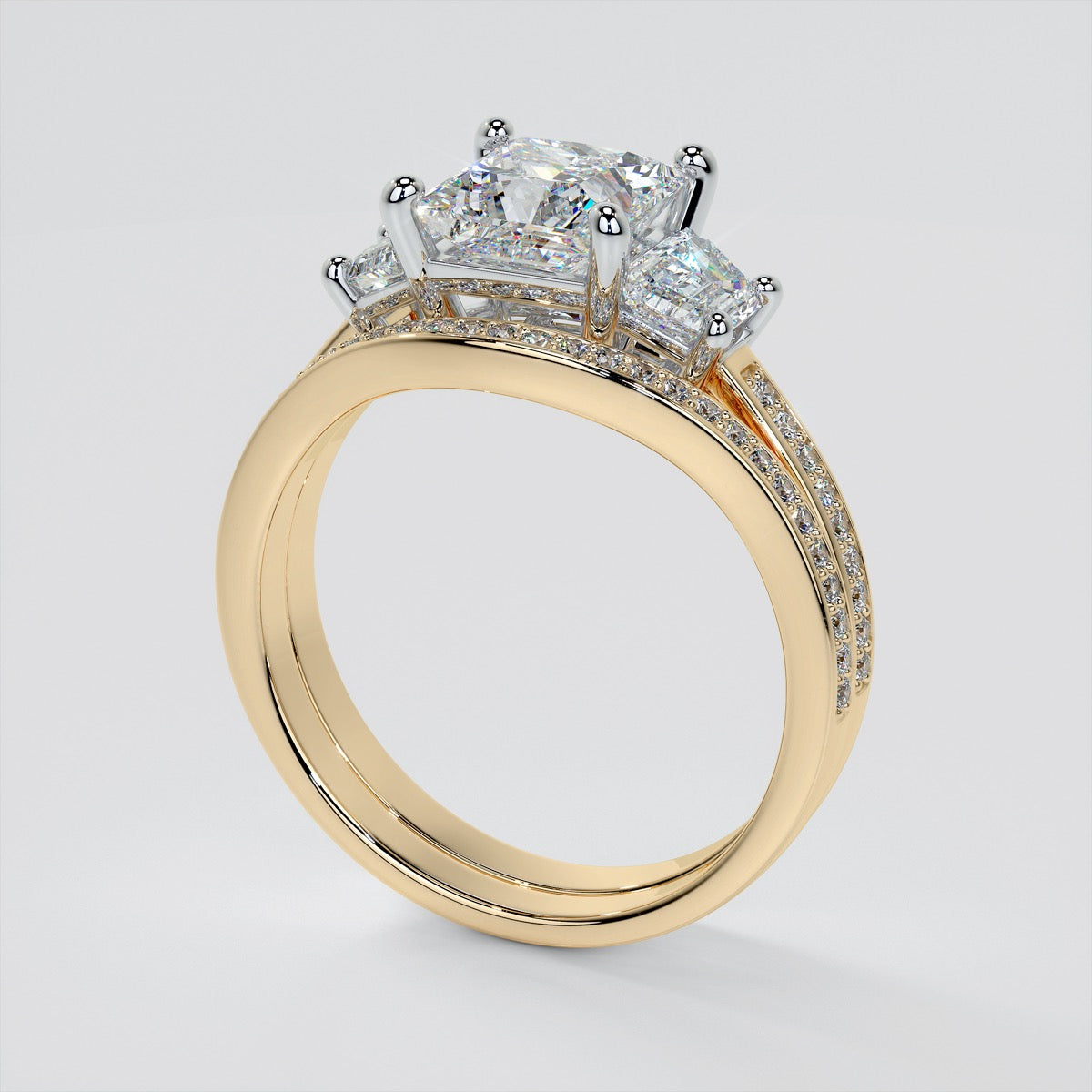 Lab Grown Diamond Princess Cut Three Stone Engagement Ring With Trapezoids