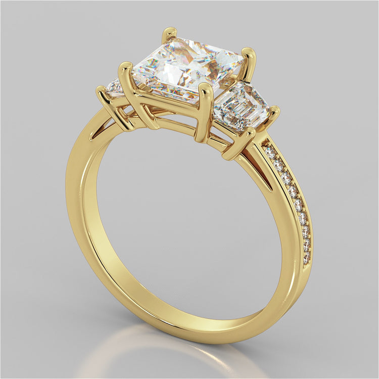 Princess Cut Three Stone Wedding Set With Trapezoids