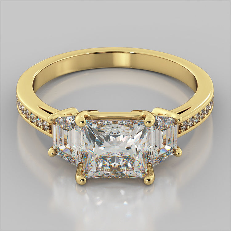 Princess Cut Three Stone Wedding Set With Trapezoids