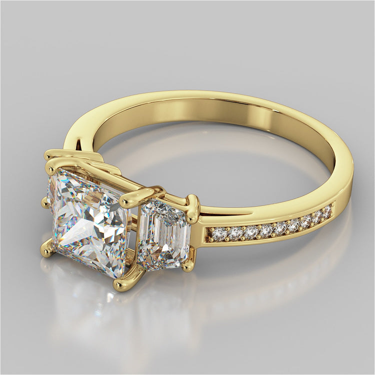 Princess Cut Three Stone Wedding Set With Trapezoids