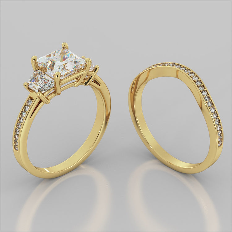 Princess Cut Three Stone Wedding Set With Trapezoids