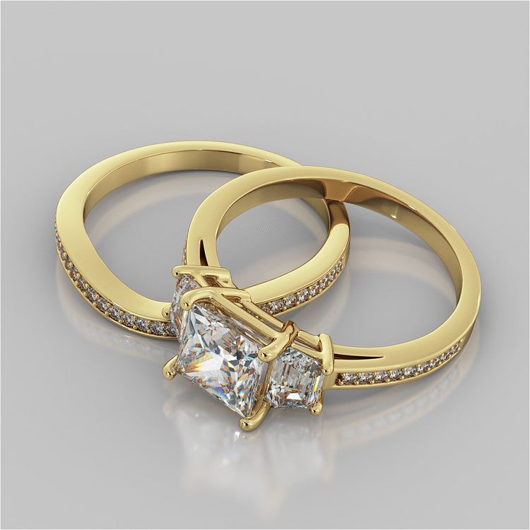 Princess Cut Three Stone Wedding Set With Trapezoids