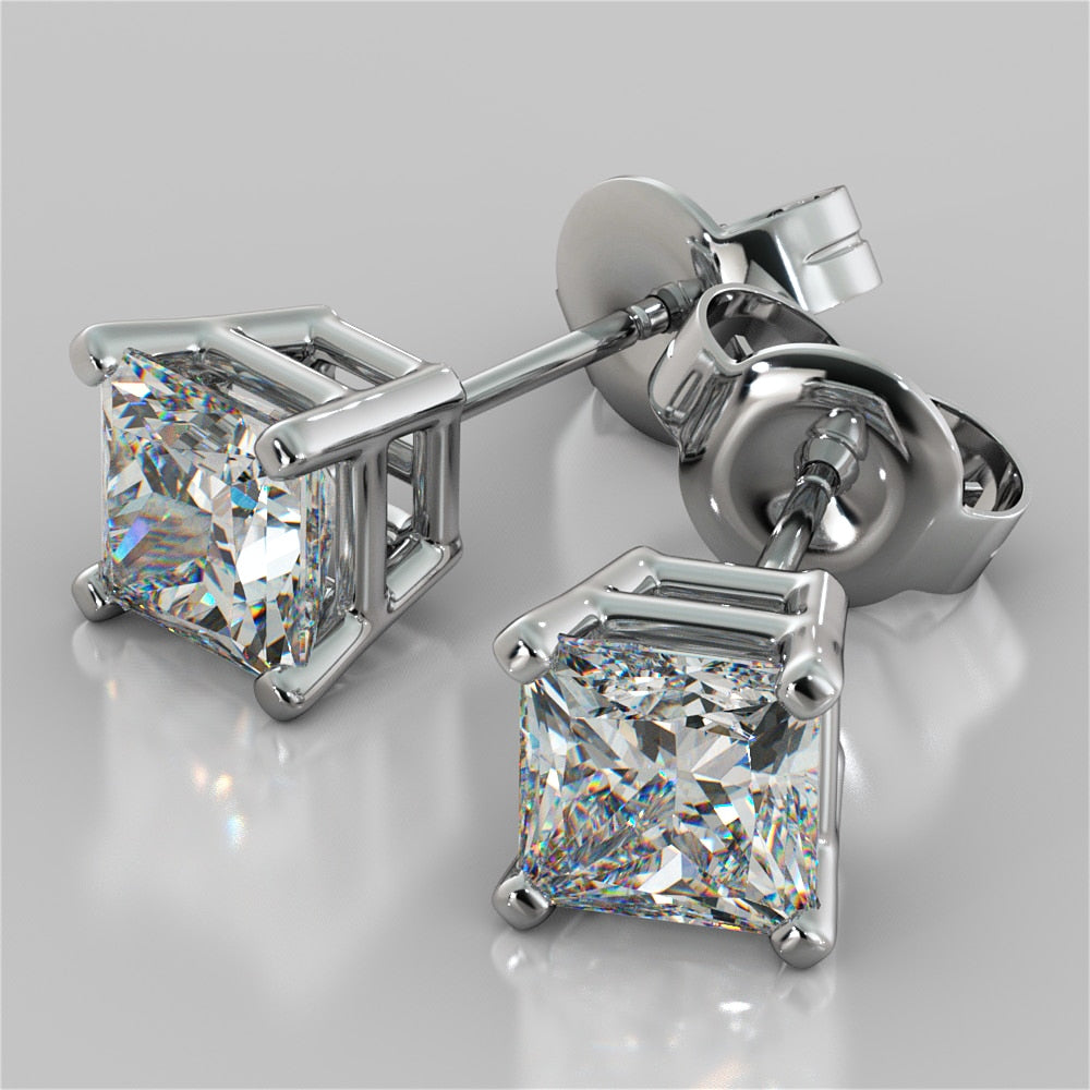 2.0CT Princess Cut Stud Earrings in 14K White Gold (1.0Ct Each)