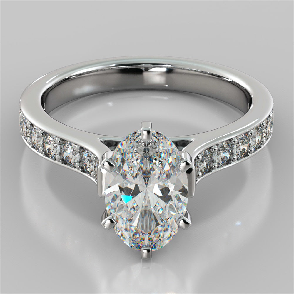 Lab Grown Diamond Oval Cut Cathedral Style Channel Engagement Ring With Accents