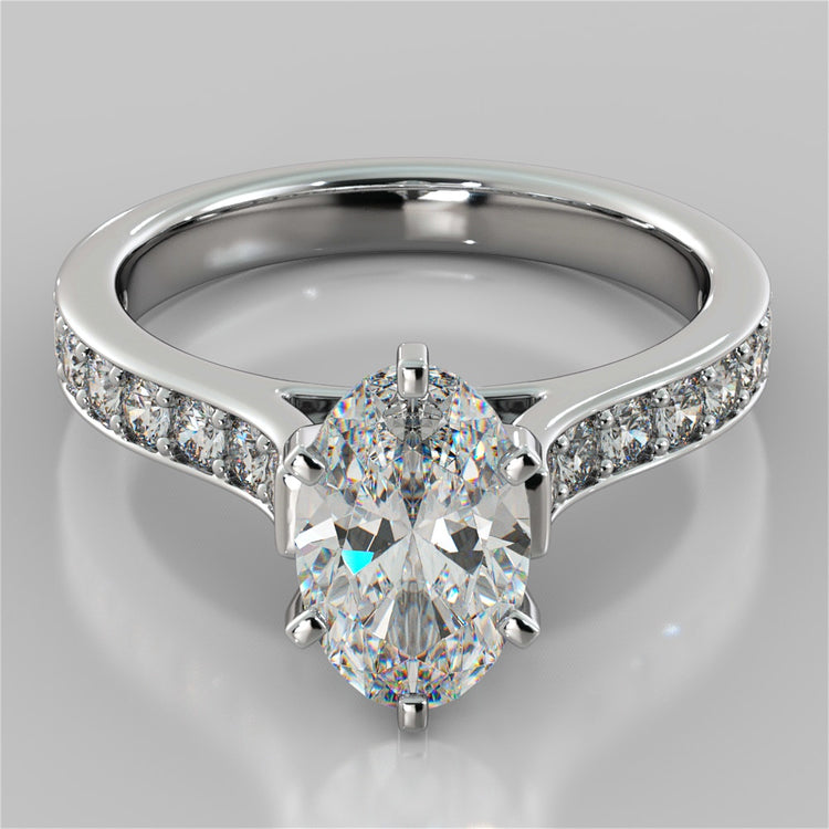 Lab Grown Diamond Oval Cut Cathedral Style Channel Engagement Ring With Accents