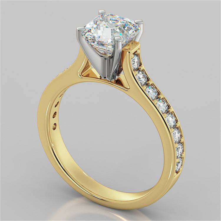 Lab Grown Diamond Asscher Cut Cathedral Style Channel Engagement Ring With Accents