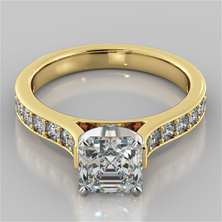 Lab Grown Diamond Asscher Cut Cathedral Style Channel Engagement Ring With Accents