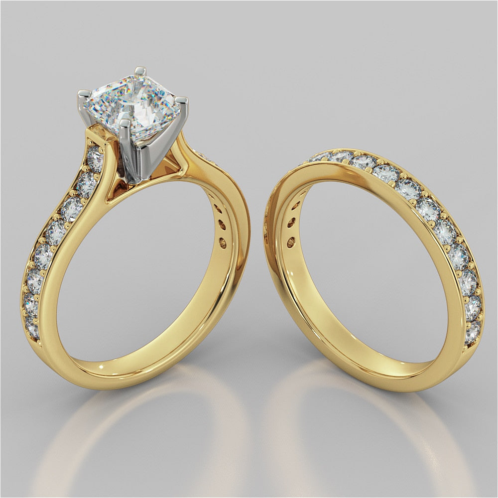 Asscher Cut Cathedral Style Channel Engagement Ring With Accents