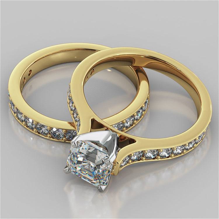 Asscher Cut Cathedral Style Channel Engagement Ring With Accents