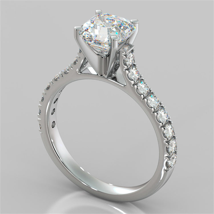 Lab Grown Diamond Asscher Cut Cathedral Scallop Style Engagement Ring With Accents