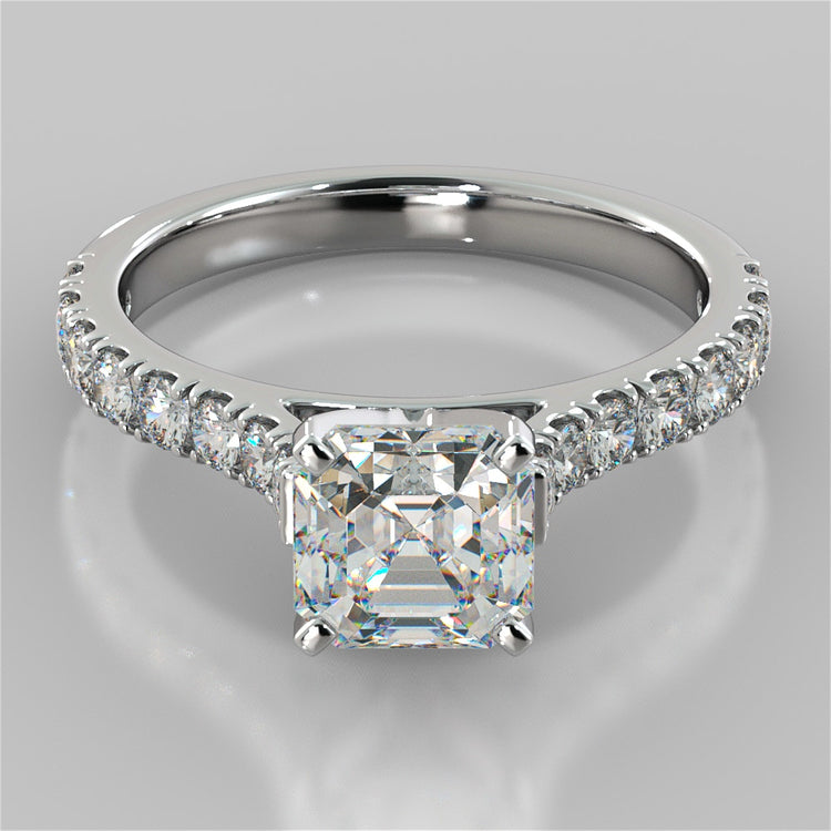 Lab Grown Diamond Asscher Cut Cathedral Scallop Style Engagement Ring With Accents