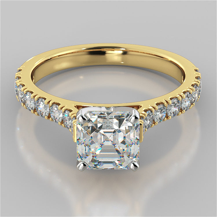 Lab Grown Diamond Asscher Cut Cathedral Scallop Style Engagement Ring With Accents