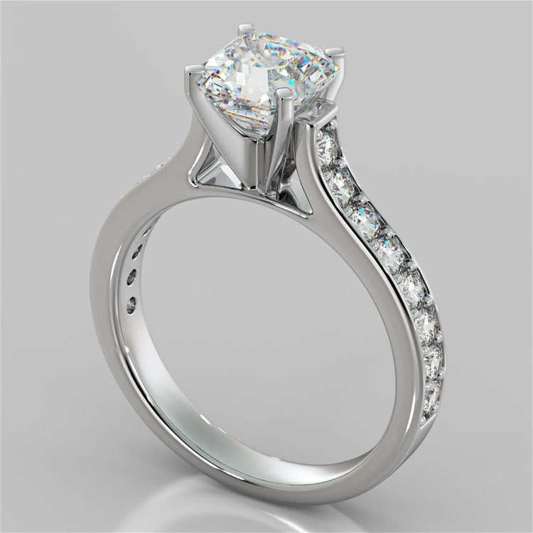 Lab Grown Diamond Asscher Cut Cathedral Style Channel Engagement Ring With Accents