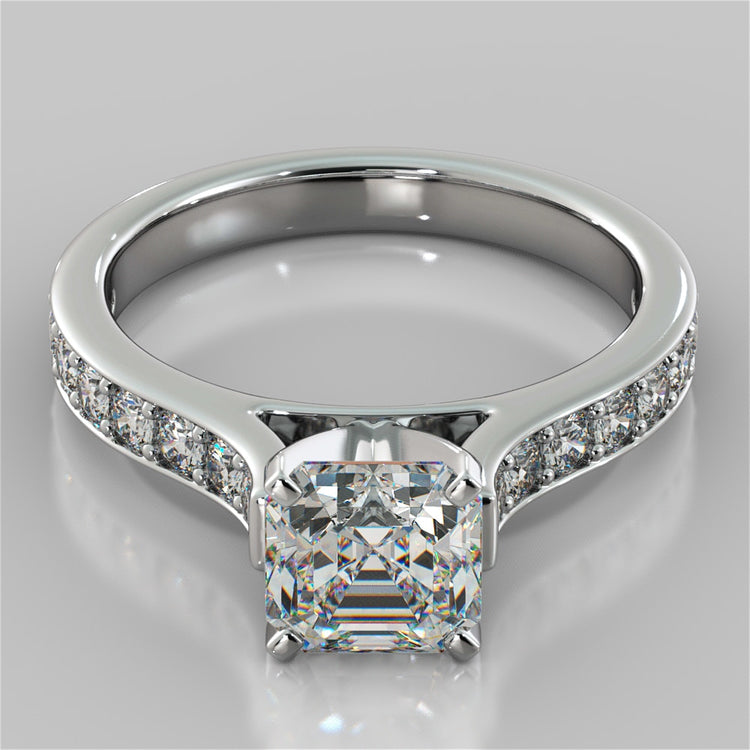 Lab Grown Diamond Asscher Cut Cathedral Style Channel Engagement Ring With Accents