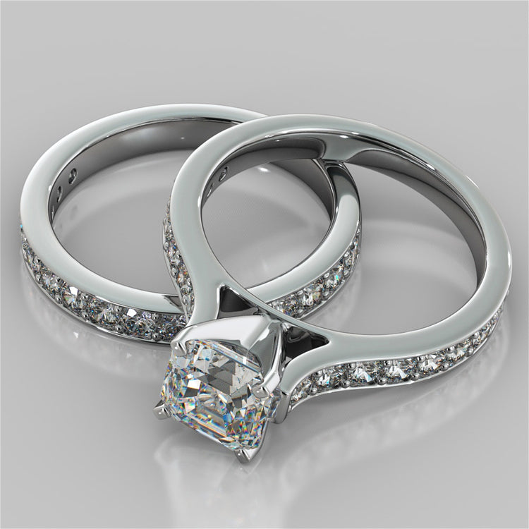 Asscher Cut Cathedral Style Channel Engagement Ring With Accents