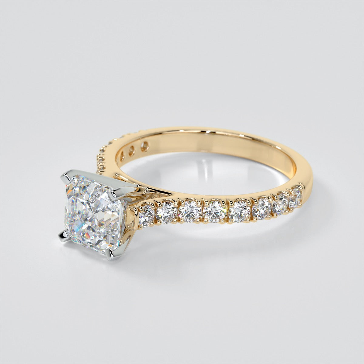 Asscher Cut Cathedral Scallop Style Engagement Ring With Accents