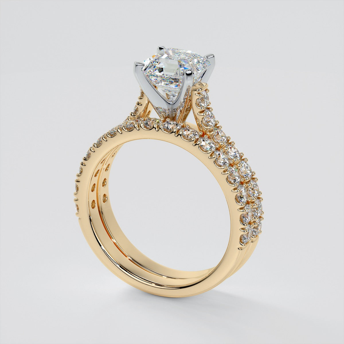 Lab Grown Diamond Asscher Cut Cathedral Scallop Style Engagement Ring With Accents