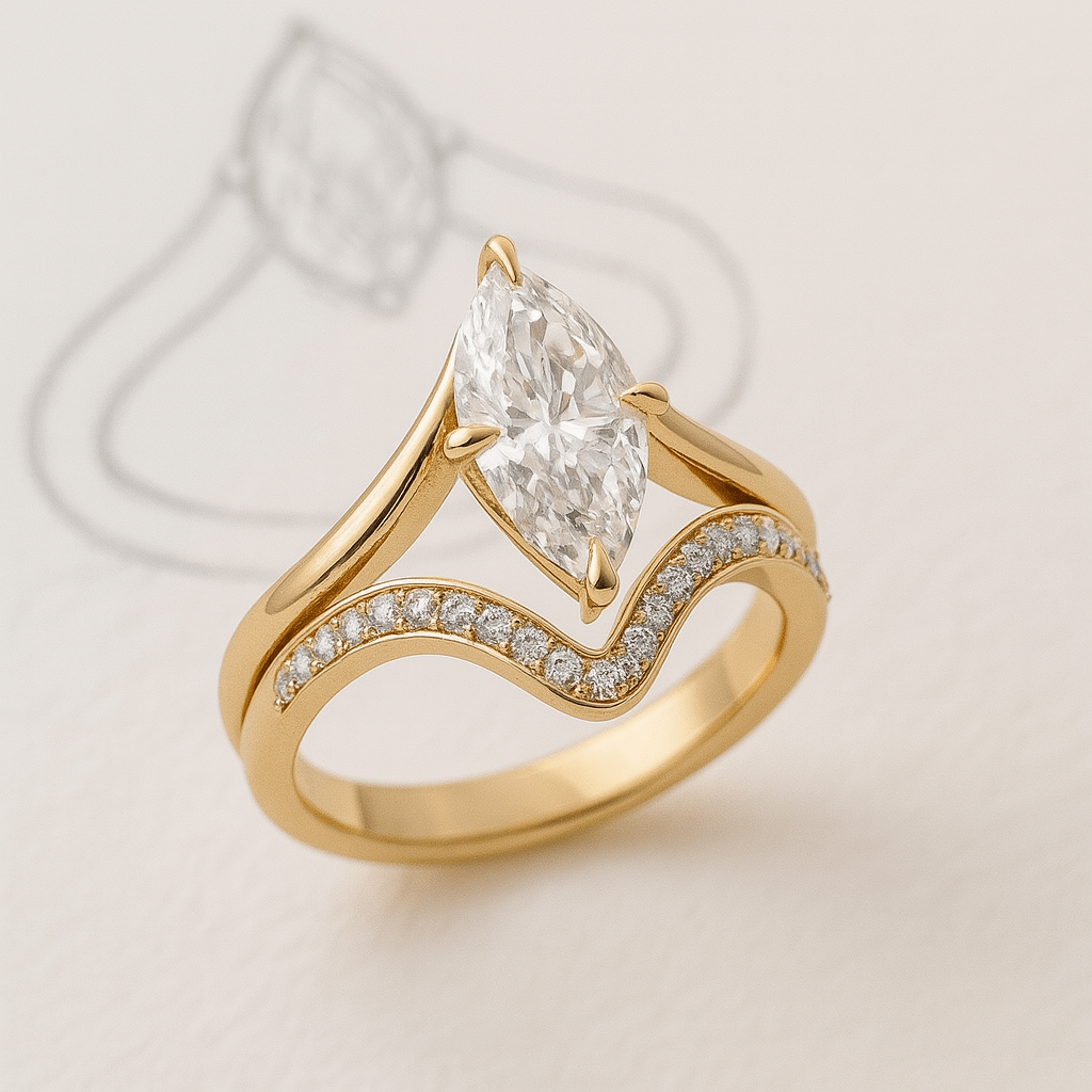 Gold ring with a large diamond and smaller diamonds on the band against a light background