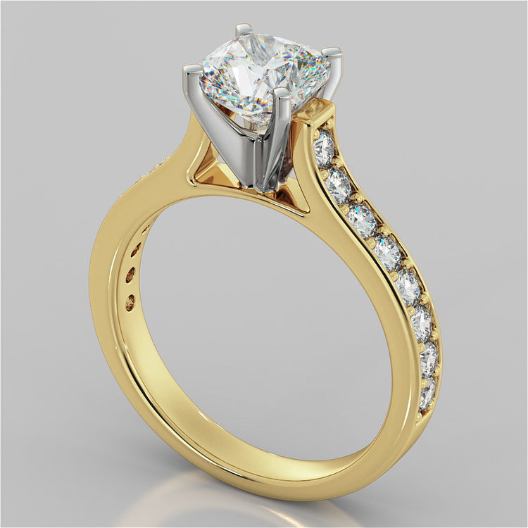 Lab Grown Diamond Cushion Cut Cathedral Style Channel Engagement Ring With Accents