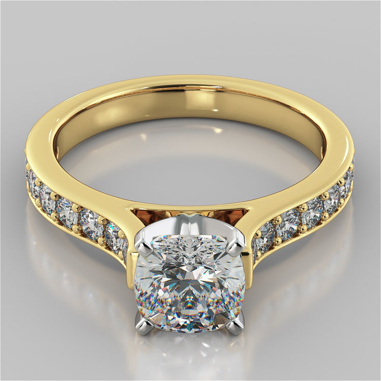 Lab Grown Diamond Cushion Cut Cathedral Style Channel Engagement Ring With Accents