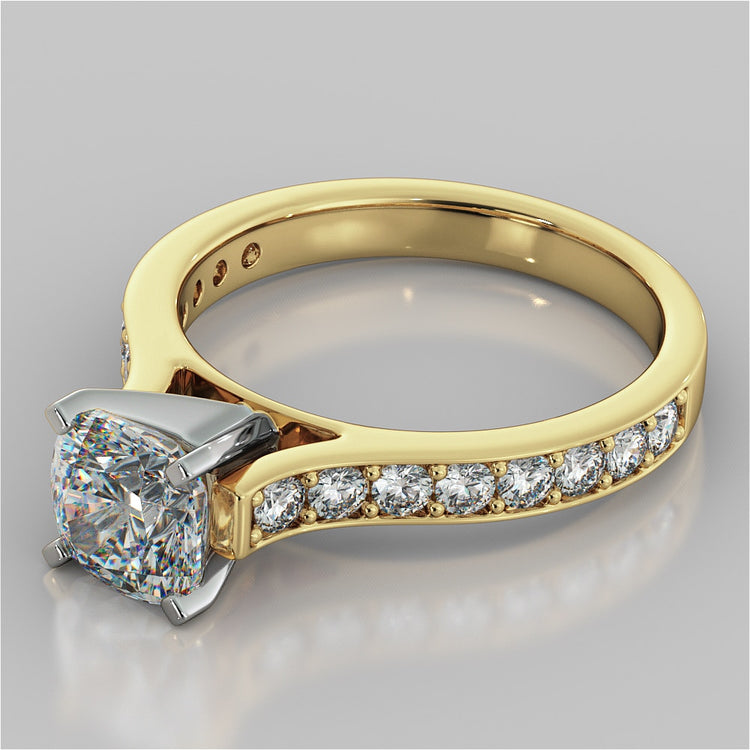 Cushion Cut Cathedral Style Channel Engagement Ring With Accents