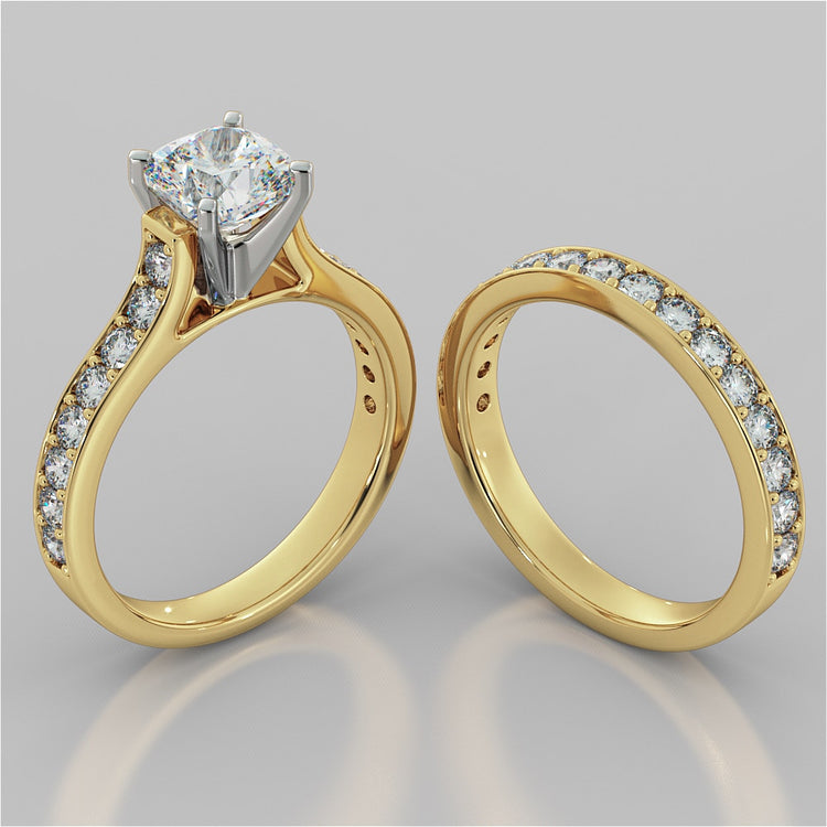 Cushion Cut Cathedral Style Channel Engagement Ring With Accents