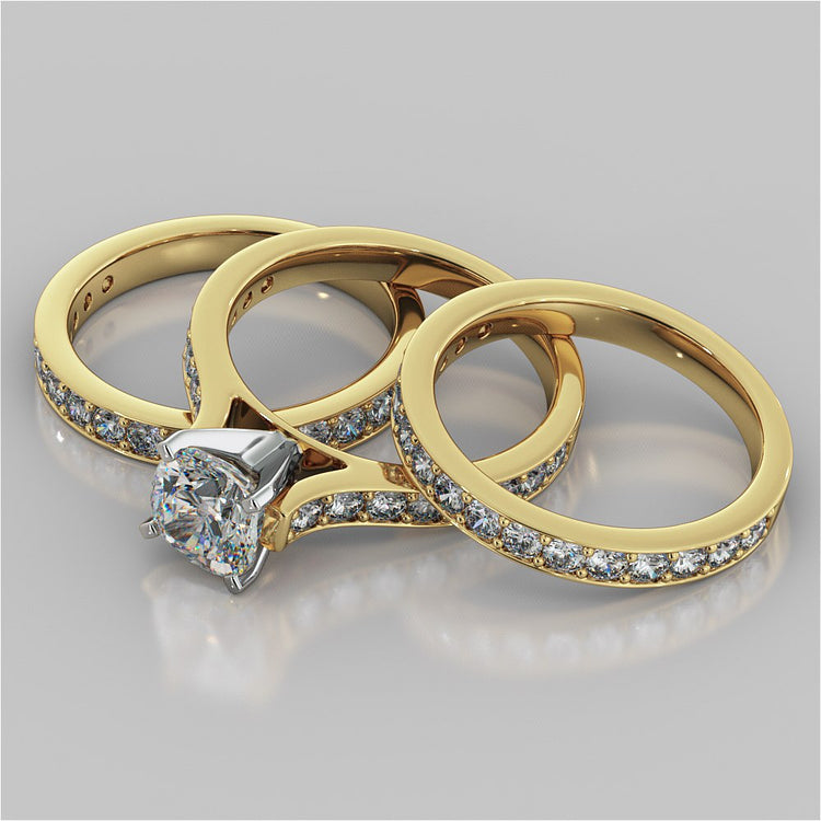 Cushion Cut Cathedral Style Channel Engagement Ring With Accents