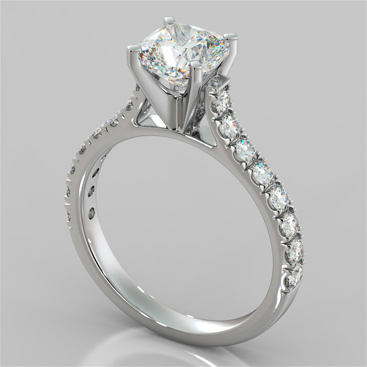 Cushion Cut Cathedral Scallop Style Engagement Ring With Accents