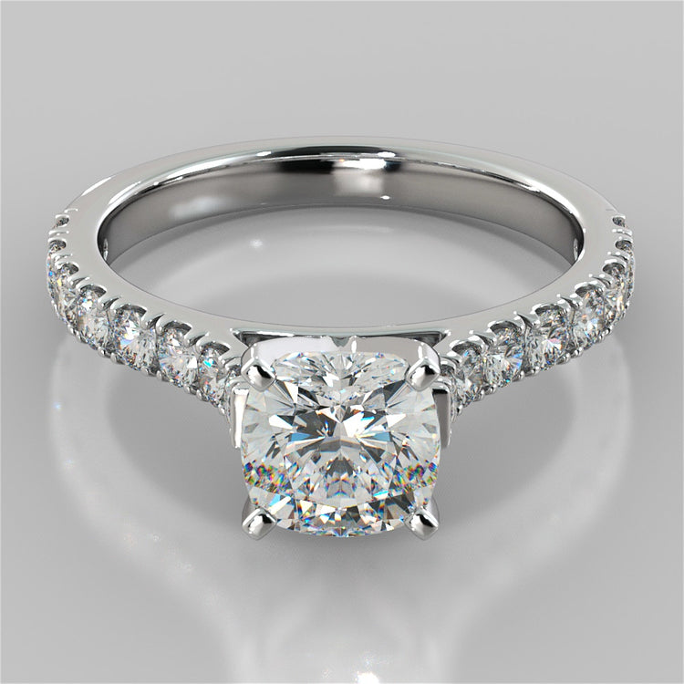 Lab grown Diamond Cushion Cut Cathedral Scallop Style Engagement Ring With Accents