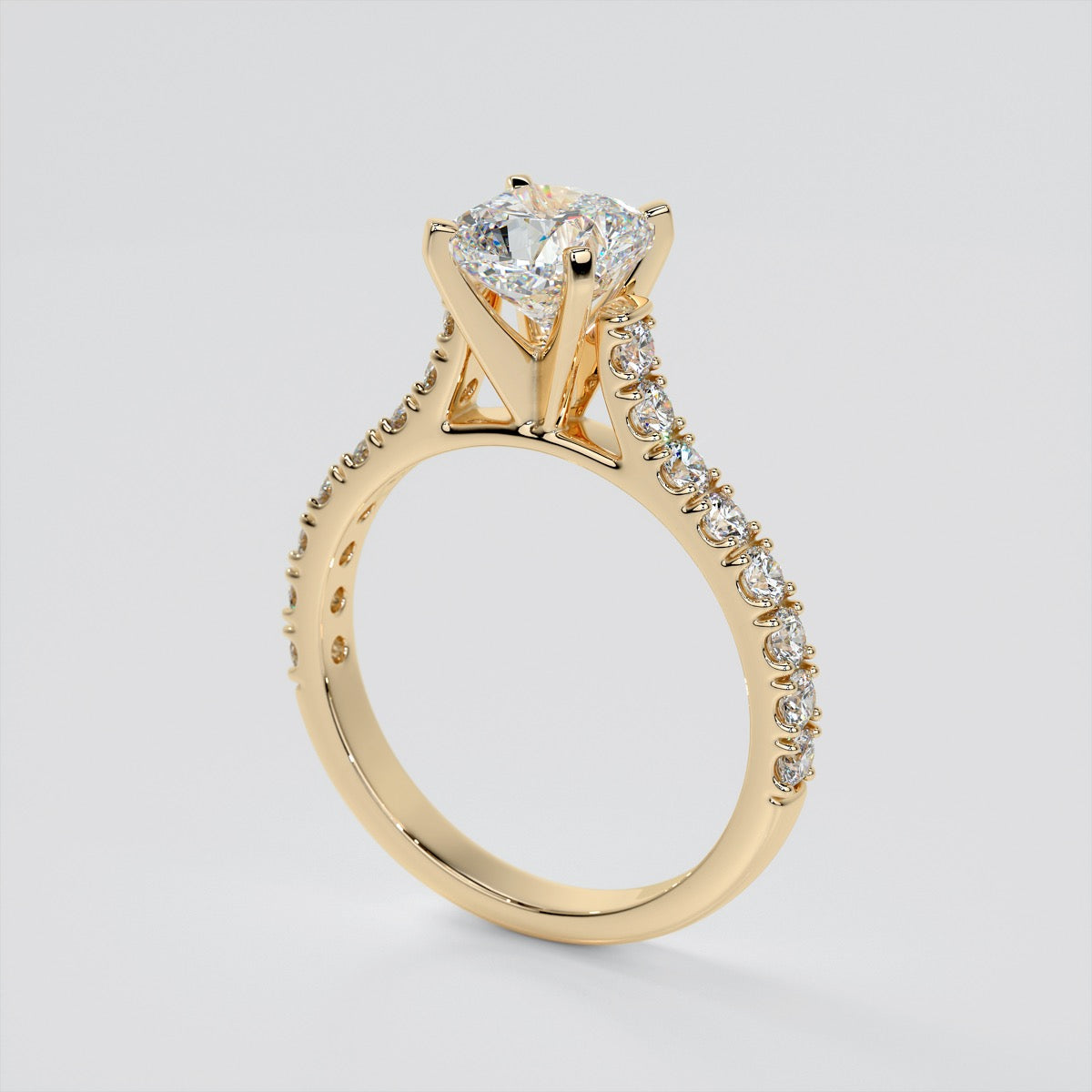 Cushion Cut Cathedral Scallop Style Engagement Ring With Accents