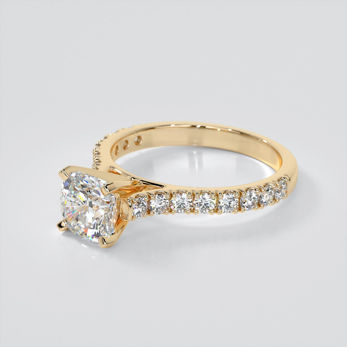 Cushion Cut Cathedral Scallop Style Engagement Ring With Accents